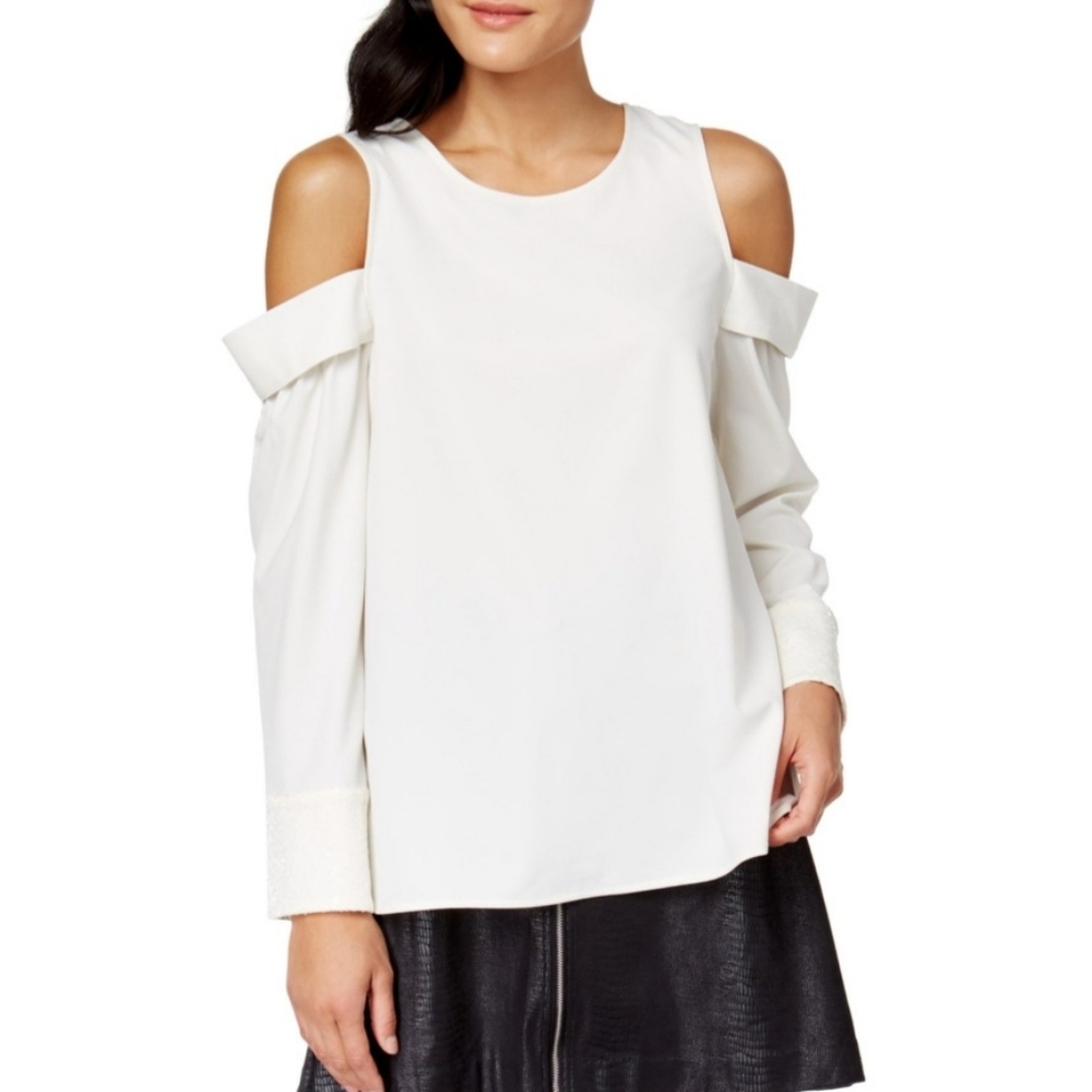 Kensie Top Ivory Cold Shoulder Embellished Long Sleeves Blouse New